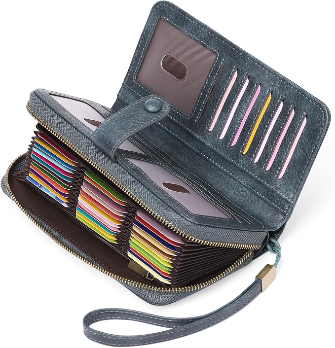 GAEKEAO Leather Credit Card Holder Wallet for Women RFID Blocking Large Capacity Bifold Zipper Card Case Organizer with Wristlet 45 Slots