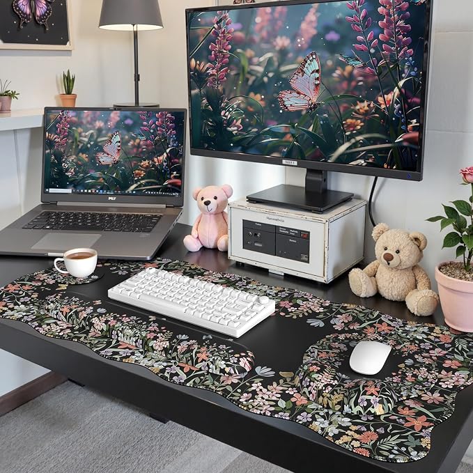 iCasso Black 4in1 Mousepad, 35.4"x15.7" Desk Blotter for Classroom | Workspace Ergonomic Desk Pad Featuring Keyboard Wrist Rest, Girly Mousepad Set for Students Travel Home Office
