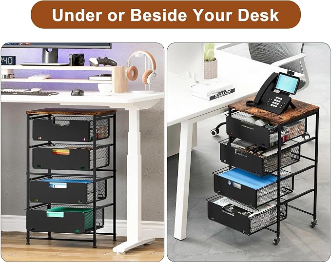 EasyPAG Rolling Storage Cart with 4 Drawers, Under Desk File Cabinet on Lockable Wheels, Moviable Hanging File Folder Organizer with Wooden Printer Stand for Home Office