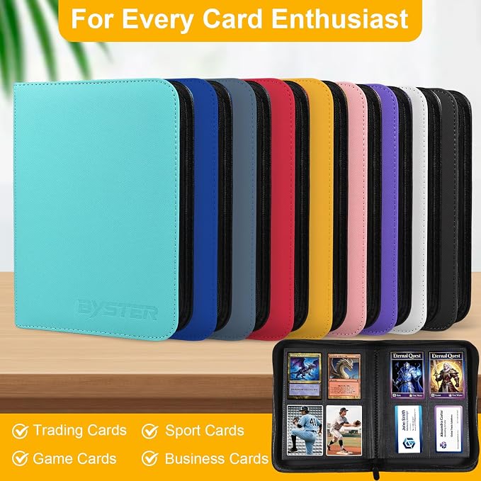 BYSTER 4 Pocket Card Binder, Premium PU Trading Card Binder with Zipper, 160 Capacity Side-Loading Binder for TCG, MTG, Sports Cards, Game Cards, Yellow