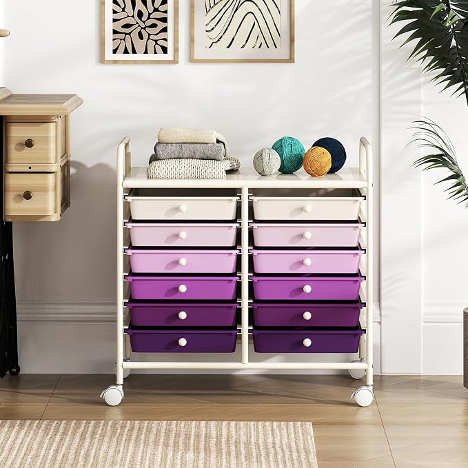 RELAX4LIFE 12-Drawer Rolling Storage Cart - Mobile Utility Cart on Wheels for School Classroom Teacher Office Salon, Paper File Art Supply Craft Organizer, Rolling Cart with Drawers (Gradient Purple)