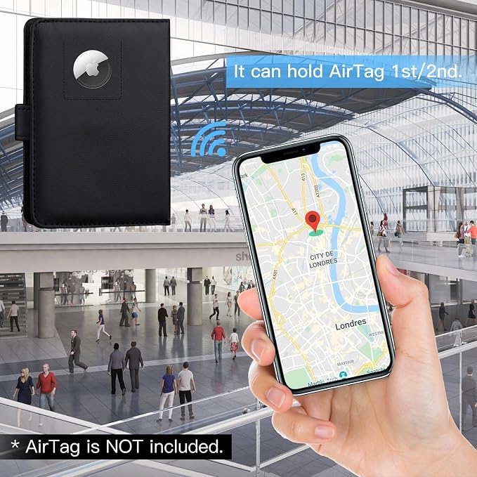 GOAUS Passport Holder for Travel with AirTag Slot, Passport Book Wallet | Cards Cash Pocket, RFID Blocking, Waterproof, Passport Case, Travel Gifts for Women Men, Faux Leather, AirTag Not Included
