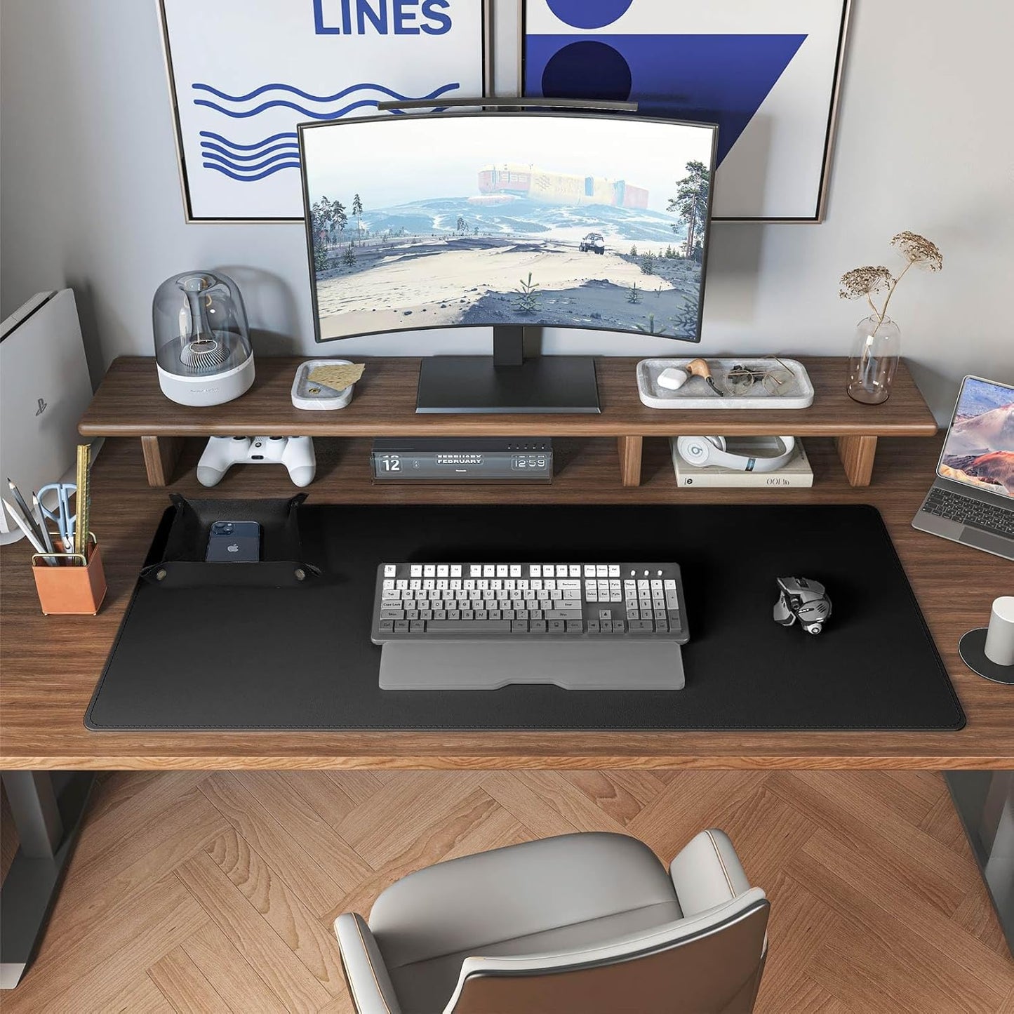 DAWNTREES Dual Sided Desk Mat,Leather Desk Pad,Black Cork Desk Mat Protector,with PU Leather Valet Tray Organizer,Large Mouse Pad,Desk Writing Pad for Office and Home(31.5"x15.8")