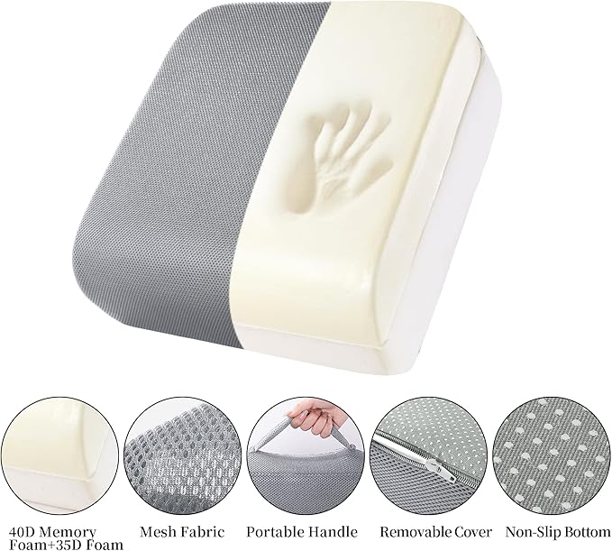 MABOZOO Extra Thick Chair Cushions,Office Chair Booster Seat Cushion to Raise Seat Height for Pain Relief,18 x 16 x 6 inch Non Slip Memory Foam Thick Cushion with Carry Handle（Grey）