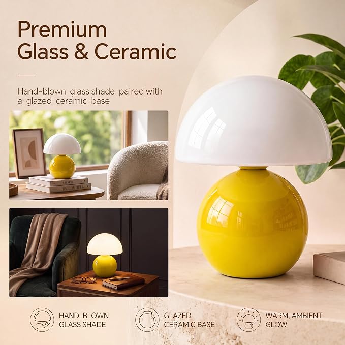 Mushroom Lamp Table Lamp for Bedroom-Small Desk Table Lamps,Yellow | 8.7" Mid Century Modern Table Lamps for Living Room Bedroom Decor,Cute Ceramic Lamps for Mushroom Home Room Decor,Glass Shade