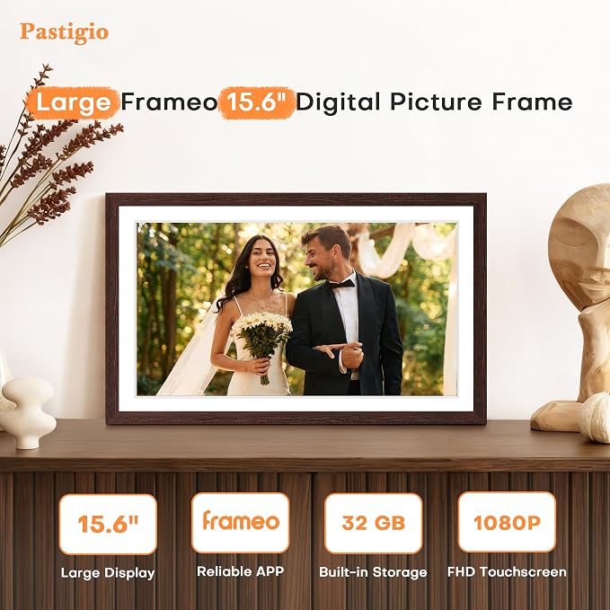Digital Picture Frame Frameo, Large 15.6 Inch Digital Photo Frame, WiFi Electric Frame, 1920 * 1080 IPS FHD Touchscreen, 32GB, Tabletop&Wall-Mounted, Share Video Picture, Gifts for Mom, Black Walnut