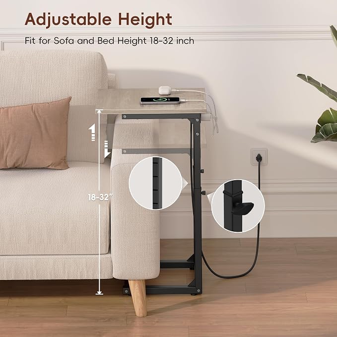 C Shaped End Table with Charging Station, Adjustable Height Side Table for Couch, C Table End Table Couch Table that Slide Under, Sofa Table TV Tray Arm Tables for Living Room, Bedroom, Gray