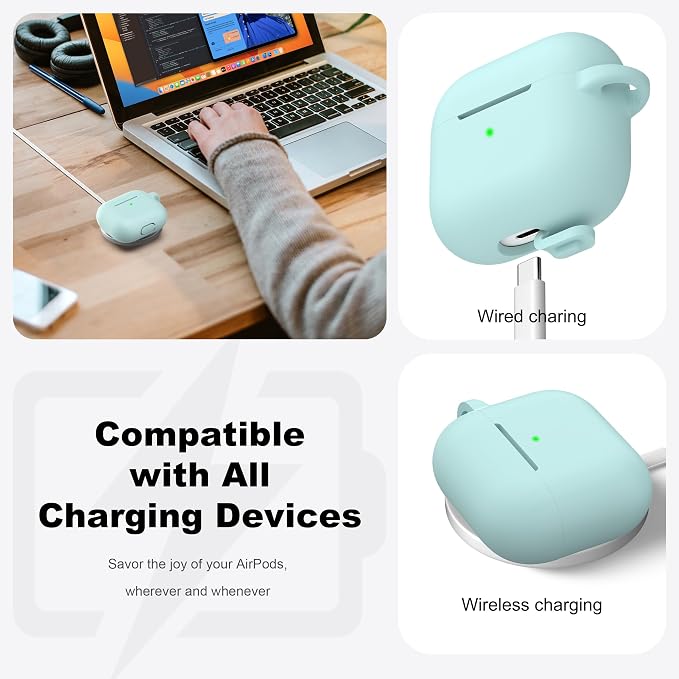 R-fun Compatible with AirPods 3 Case Cover, Silicone Protective Accessories Skin with Keychain Compatible with Apple AirPod 3rd Generation 2021 for Women Men Girls Boys,Front LED Visible,Turquoise