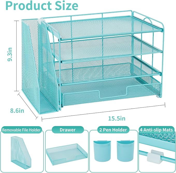 Desk Organizer, 4-Tier Desktop File Organizer with Drawer and Pen Holders, Office Desk Accessories, File Sorters, Workspace Organizers for Office Supplies(Teal Blue)