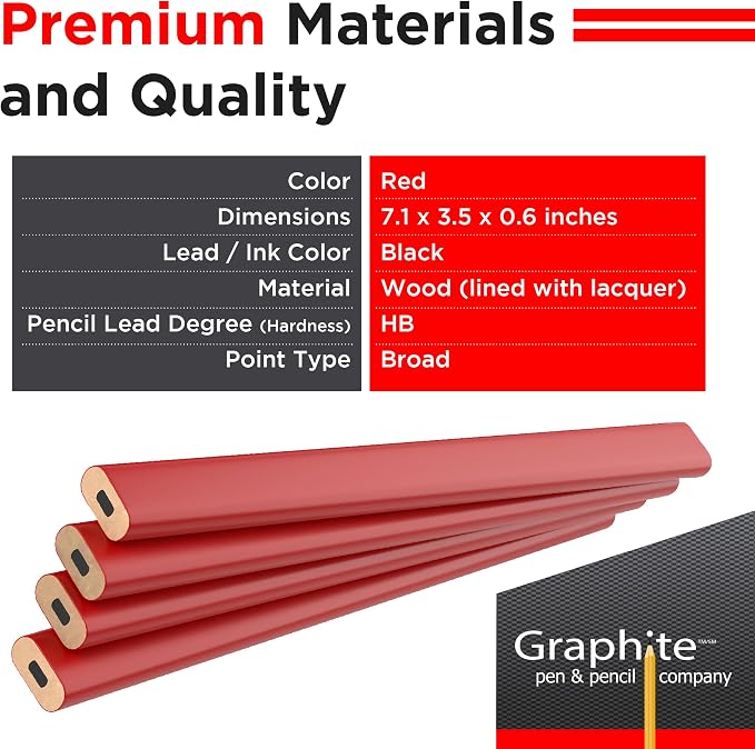 GRAPHITE Hard Lead Carpenter Pencils Bulk - (1) Pack of 12 Pieces Lumber Wooden Pencil #2 (HB) - Red