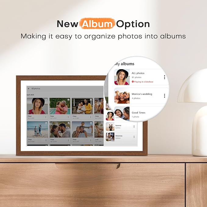 Digital Picture Frame, 15.6 Inch Frameo Digital Frame WiFi, 1920 * 1080 IPS FHD Touchscreen, 32GB, Tabletop&Wall-Mounted, Share Picture Video, Large Electric Photo Frame, Mom Gifts, Teak Woodgrain