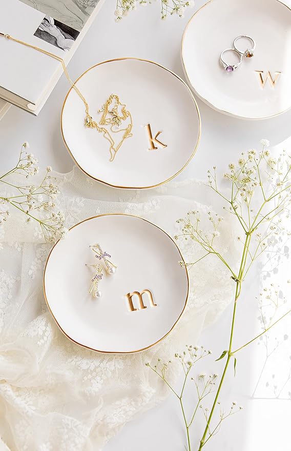 COLLECTIVE HOME Ceramic Jewelry Tray, Trinket Dish, Gifts for Women (U) | Mother's Day, Birthday, Christmas, Engagement Gifts, Vanity, Nightstand Decor, Embossed Gold Monogram Ring Dish with Gift Box