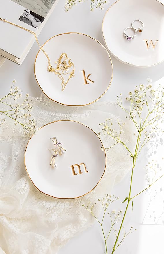 COLLECTIVE HOME Ceramic Jewelry Tray, Trinket Dish, Gifts for Women (F) | Mother's Day, Birthday, Christmas, Engagement Gifts, Vanity, Nightstand Decor, Embossed Gold Monogram Ring Dish with Gift Box