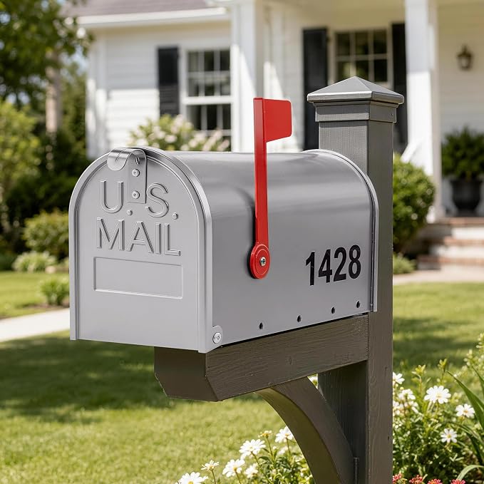 Mailbox for Outside,Metal Post Mount Outdoor MailBoxes - with Tools,Screws,Number Stickers,Red Flag Indicated,Medium Capacity,Galvanized Steel,Waterproof Mail Box for House Outside,20 x 8.7 x 6.7 ”