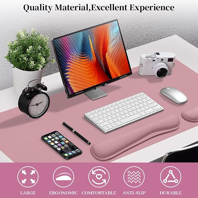 Mouse Pad and Keyboard Wrist Rest, 3-in-1 Keyboard and Mouse Pad | 35.4" x 16.9" Dusty Pink Desk Mat Set,Ergonomic Wrist Rest for Computer Keyboard, Non-slip Base, Waterproof Computer Mat