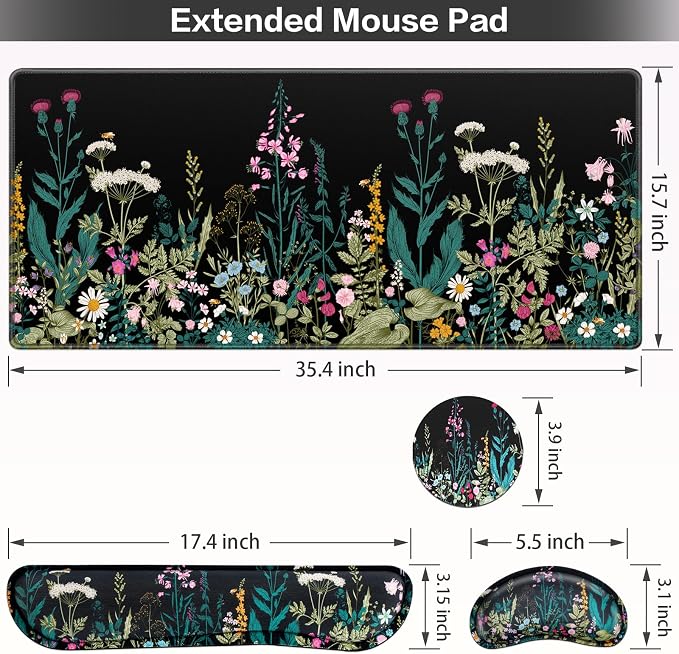Desk Mat, Large Gaming Mouse Pad with Wrist Rest, 4in1 XXL Mousepad Floral | Keyboard Wrist Rest+Mouse Pad Wrist Support+Cup Coaster Set Ergonomic Computer Desk Arm Wrist for Decor Home Office Women