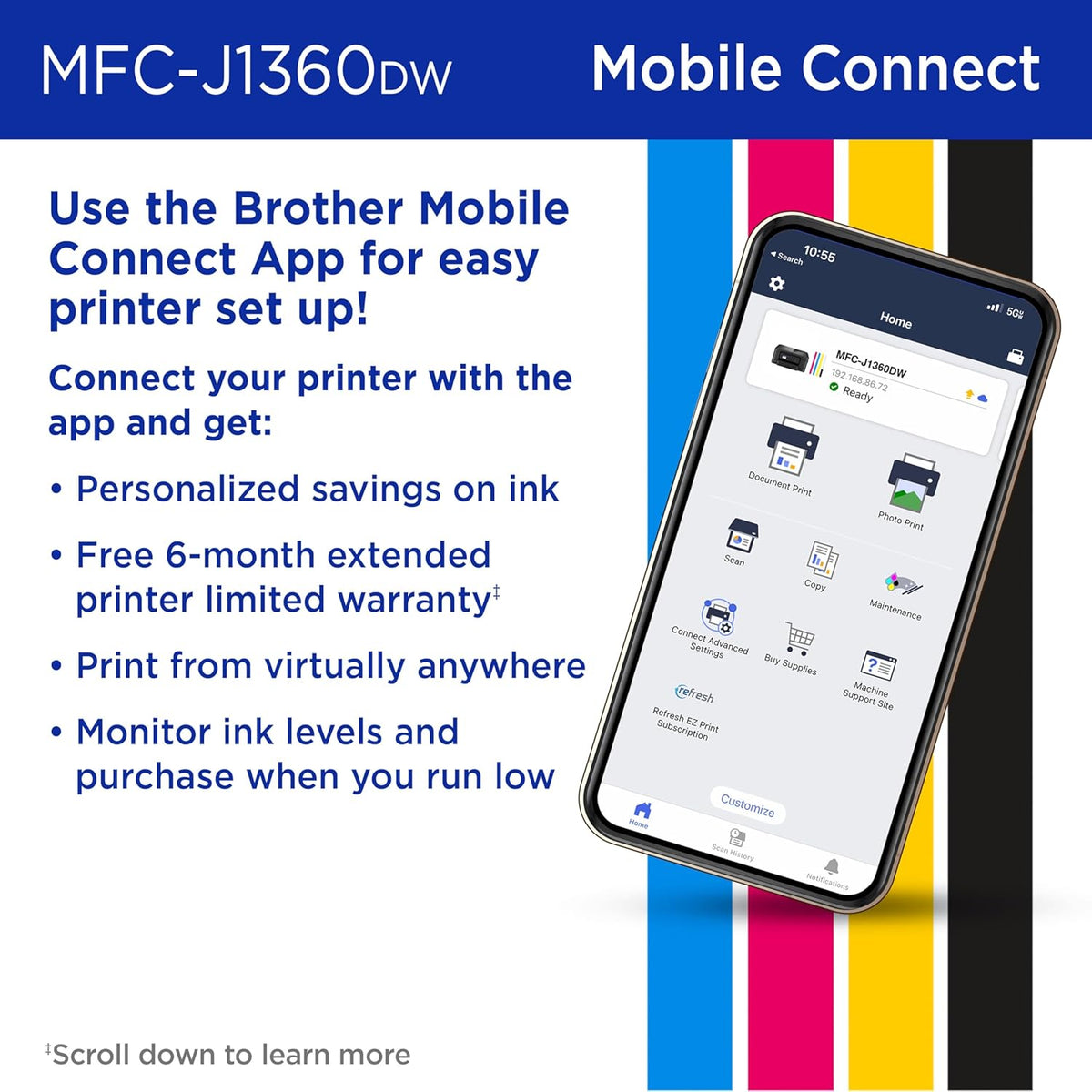 Brother Work Smart 1360 Wireless Color Inkjet All-in-One Printer with Automatic Duplex Printing and 1.8” Color Display | Includes Refresh Subscription Trial(1) (MFC-J1360DW) (Uses LC501 Series Inks)