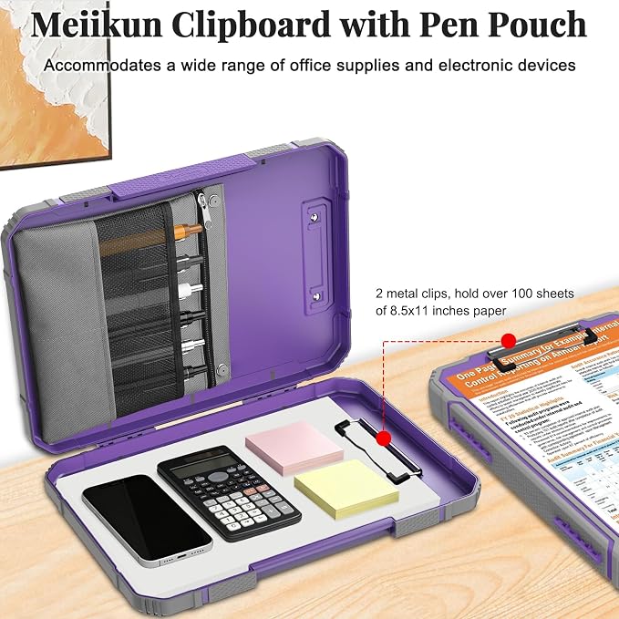 Meiikun Clipboard with Storage, Rugged Shockproof Protective, Internal Pen Pouch & Metal Clip, Heavy Duty Plastic Clip Boards 8.5x11, High Capacity Contractor Folder for School Office (Light Purple)