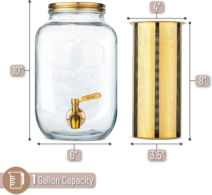 BTaT- 1 Gallon Cold Brew Coffee Maker, Thick Glass Pitcher with Stainless Steel Filter | Stainless Steel Filter, Lid & Spigot Iced Coffee Sun Tea Brewer Mason Jar Cold Brew Container Fast Iced Tea Maker for Fridge