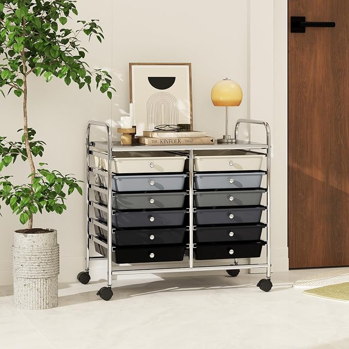 RELAX4LIFE 12-Drawer Rolling Storage Cart - Mobile Utility Cart on Wheels for School Classroom Teacher Office Salon, Paper File Art Supply Craft Organizer, Rolling Cart with Drawers (Gradient Black)