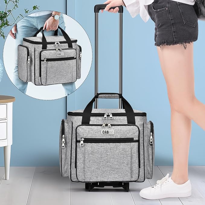 CAB55 Rolling Craft Bag, Tote Bag with Wheels for Women, Rolling Teacher Bag with Removable Folding Hand Truck (Grey)