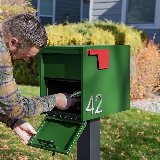 Adoorn Lockable Post Mount Mailboxes for Outside - Large Anti-Theft Locking Mailbox for Packages and Letters - Weatherproof Construction - Durable Steel - 15.5" H x 12" W x 18.5" D - Forest Green