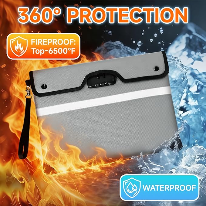 Upgraded 6500°F Fireproof Document Bag with Lock, Waterproof 9-Layer Heat Insulated | Dual-Liner Card Slot Money Bag with Zipper/Reflective Strip for Passport, Important Paper, Cash(15 x 12In)