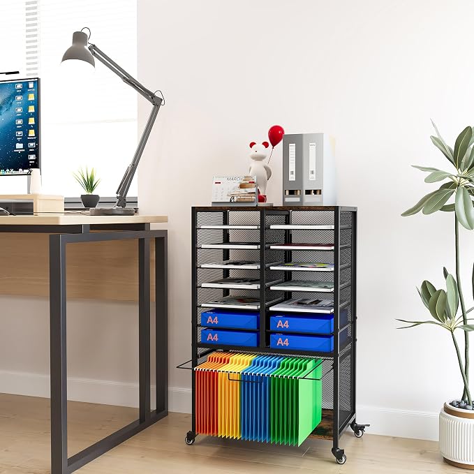 EasyPAG Rolling File Cart with 14 Slot Mail Organizer, Under Desk Storage with Hanging File Rack for Letter/Legal Folders, Mobile Filing Cabinet Printer Stand for Office Home Classroom, Black