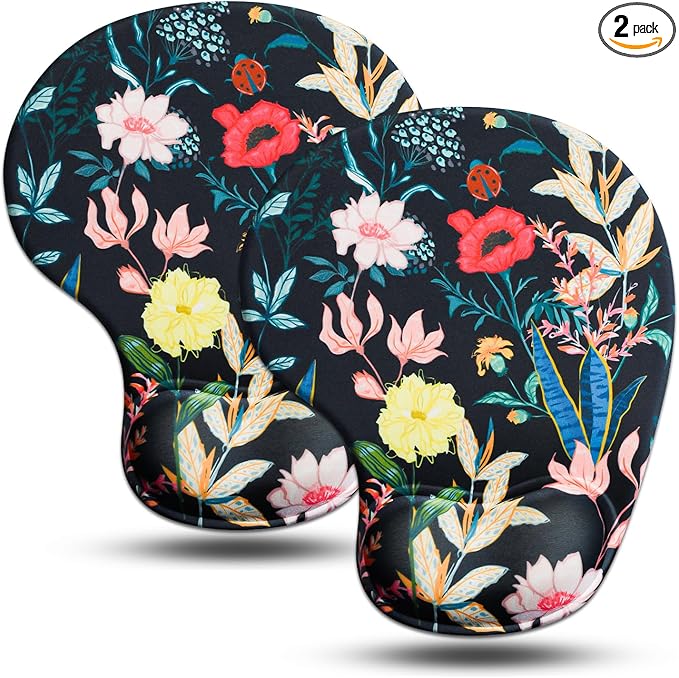 JIKIOU Ergonomic Mouse Pad with Gel Wrist Rest 2Pack, Portable Small Flower | Upgraded-Prevent Gel Leakage, Ergonomic Design for Pain Relief, Cooling Gel filled, Smooth Lycra Surface, Non-Slip PU Base