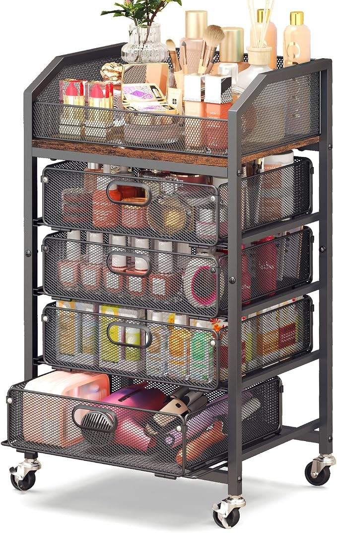 Goovilla Rolling Makeup Organizer Cart with Drawers, 5 Tier Metal, Black | Floor Skincare Vanity Organizers with Lockable Wheels, Make Up Storage Cart for Cosmetics Display, Nail Polish, Perfume