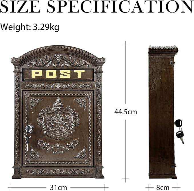 Vintage Lockable Mailbox, Heavy Duty Cast Aluminum Wall Mount Mailbox, Weatherproof Decorative Mail Box for Outside, Bronze Finish, Large Capacity