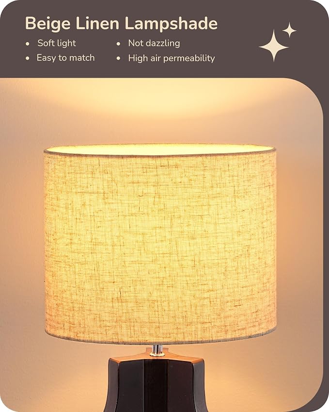 EDISHINE 14.6" Small Table Lamp, Walnut Wood Nightstand Lamp, E26 Base | Beige Linen Shade, On-Off Line Switch, Tripod Base, Cute Bedside Lamp for Living Room, Bedroom, Office