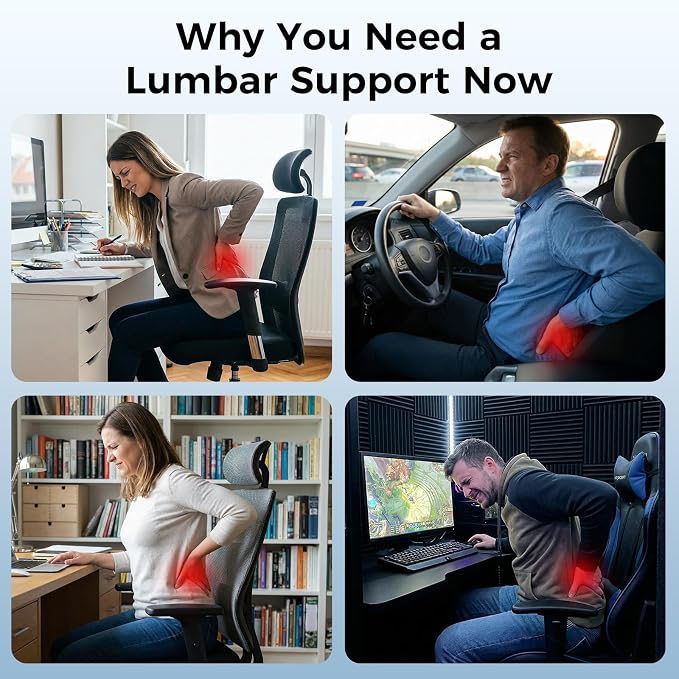 Lumbar Support Pillow for Car & Office Chair - High-Density Memory Foam Back Cushion for Sciatica & Lower Back Pain Relief - Non-Slip Support for Long Commutes & Desk Workers (3D Mesh Gray)