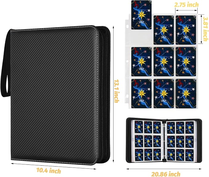 900 Pockets Round Ring Trading Card Binder, 9-Pocket Clear Zipper Card Album with Wrist Strap, Holds 900 Standard TCG & Sports Cards, Not Fit Top Loaders (Carbon Black)