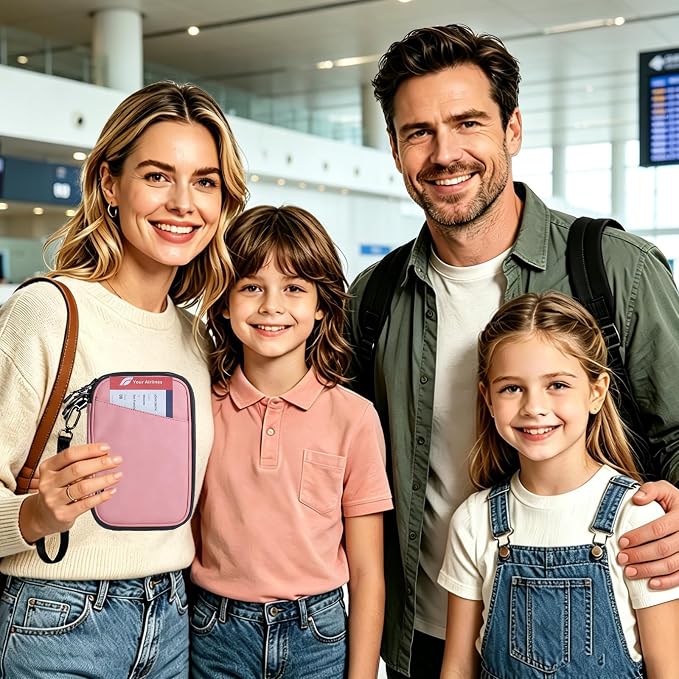 Lagre family passport holder for 4 multiple passport bag for travel passport cover rfid blocking for women waterproof wallet with zipper airtag passport case for men (pink with faint patterns)