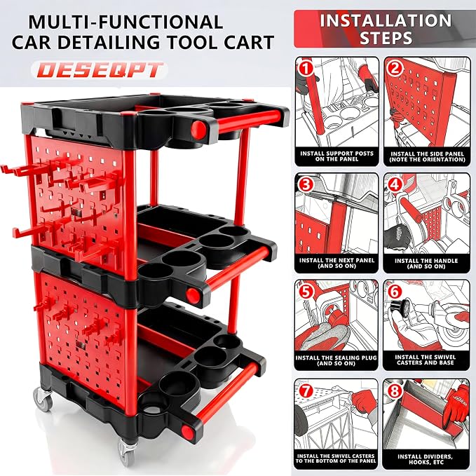 Auto Detailing Cart with Wheels, 3 Tier Rolling Detail Cart | With Long Hanging Plate, Hooks, Brush, Towel and Gloves, for Detailers Garage, Workshop, Repair Shop, Storage Tool