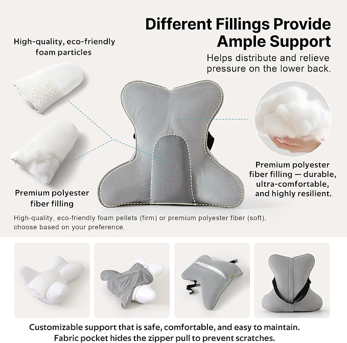 Lumbar Back Pillow (Pat. Pend), Supportive Back Cushion for Bed, Couch & Recliner, Ergonomic Lumbar Pillow with Customizable Firmness for Lower Back Pain Relief, Zinc Gray