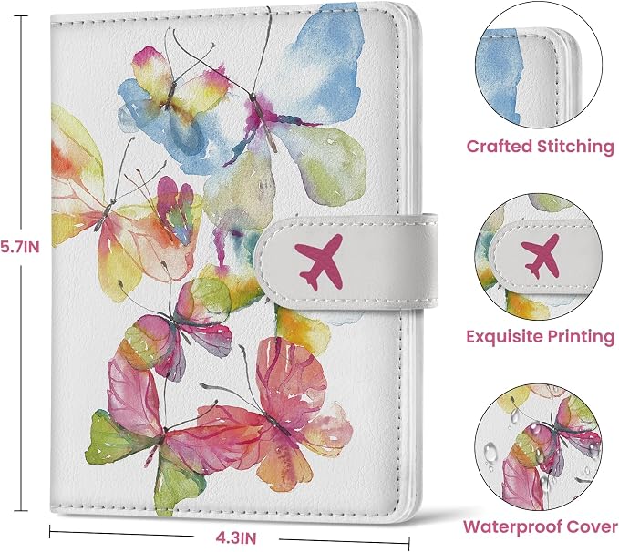 Passport Holder for Travel Essentials, RFID Blocking Leather Cover Wallet with Magnetic Closure, Aesthetic & Cute Passport Book Case for Women and Men - Butterfly