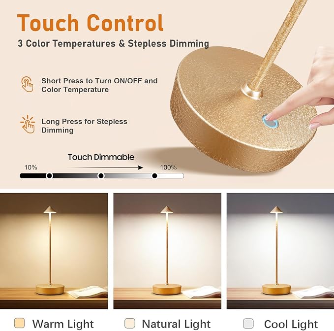 2P Cordless Rechargeable Led Table Lamp Battery Operated Light CHMP Gold | Ice Crackle Finish Champagne Gold Touch 3 Color Dimming Portable Metal Outdoor Waterproof Light for Patio/Restaurant/Dining