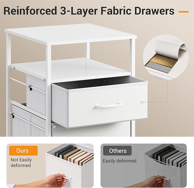 DEVAISE 2 Drawer Fabric Vertical Filing Cabinet, Rolling Printer Stand, White | Rolling Printer Stand, Fabric Vertical Filing Cabinet fits A4 or Letter Size for Home Office, White