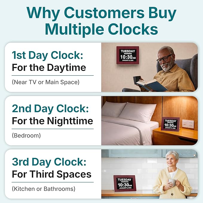 American Lifetime 【New 2023】 Dementia Clock Large Digital Clock for Seniors, Digital Clock Large Display with Custom Alarms, Clock with Day & Date for Elderly, Large Number Digital Clock Mahogany