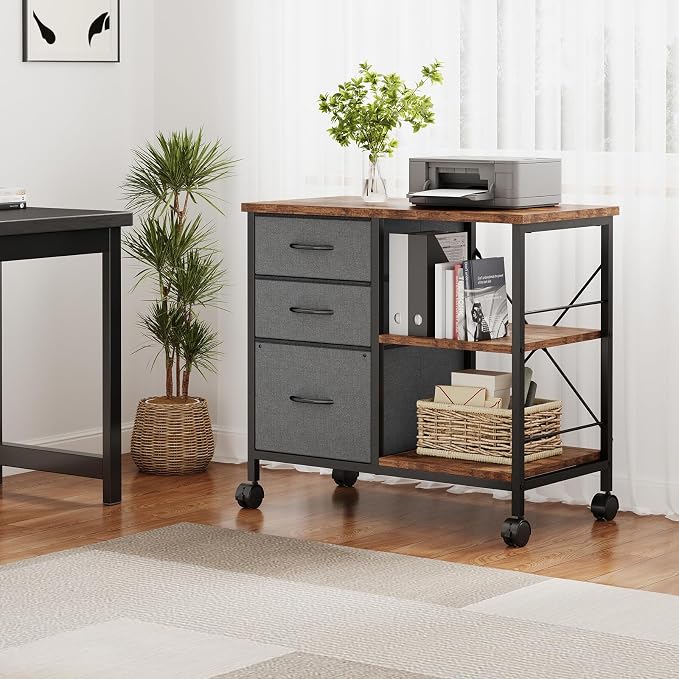 DUMOS 3 Drawer Mobile File Cabinet, Space Saving Rolling Printer Stand | Freestanding Fabric Lateral Filing Cabinet Fits A4/Letter Size, Printer Cart with Open Storage Shelf for Home Office, Gray