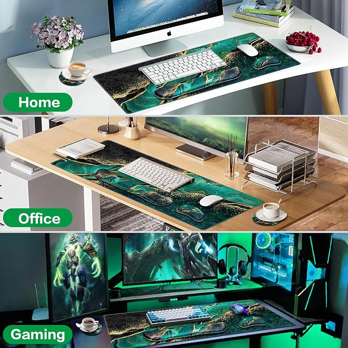 Mouse Pad Green, Desk Mat, Large Gaming Mouse Pad with Wrist Rest 4in1 XXL | Mousepad Keyboard Wrist Rest+Mouse Pad Wrist Support+Cup Coaster Set Ergonomic Computer Desk Pad for Decor Office