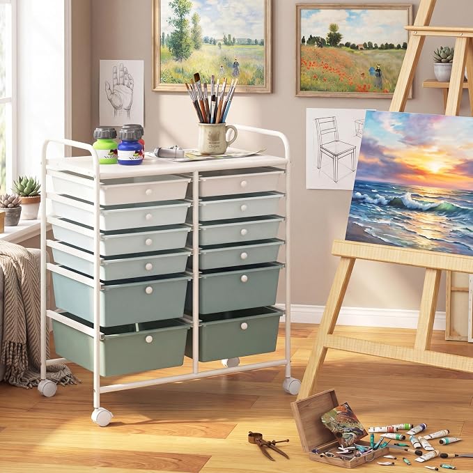 COSTWAY 12-Drawer Rolling Storage Cart, Moveable Art Craft Organizer | Lockable Wheels, Metal Shelf, Files Arrangement Tools Makeup Storage Cart for Office, Home, School (Green Gradient)