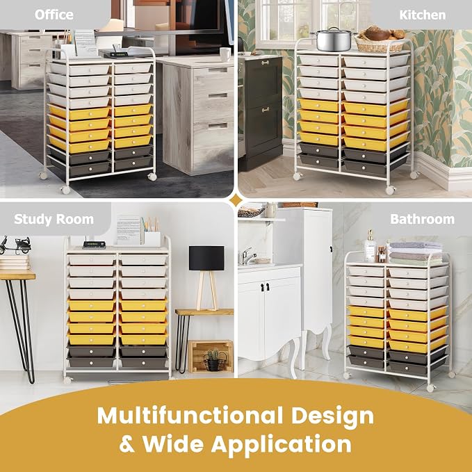RELAX4LIFE 20 Drawer Rolling Storage Cart, Mobile Rolling Cart w/Drawers for School Classroom Teacher Office Home Salon, Paper File Art Supply Craft Organizer, Utility Cart on Wheels (Yellow)