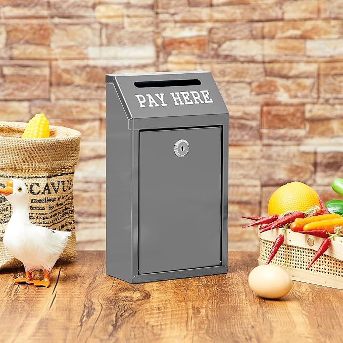Yaocom Safe Metal Cash Box for Farm Stand – Money Drop and Secure Donation Collection, Wall Mount Lockable Unit with Pre Drilled Holes for Outdoor Self Serve(Grey,10.2 x 5.7 x 2.8 Inch)