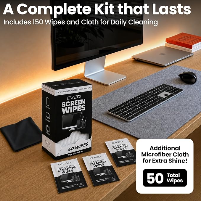 EVEO Screen Wipes - Electronic Wipes, Computer Screen Cleaner Wipes for Electronics | Computer Screen Wipes Phone Wipes & Lens Wipes for PC, Laptop, Phone, Car & More - Microfiber Included (50 Pack)