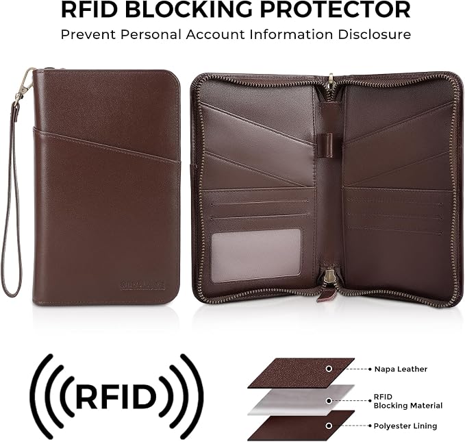 Polare Full Grain Leather Passport Holder Cover Case for Men and Women RFID Blocking Family Travel Wallet Holds 6 Passports (Coffee)