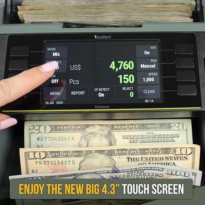 Kolibri Domino V2 4.3" Touch Screen Money Counter & Sorter, Mixed Denomination, Value Count, UV/MG/IR/2CIS Detection, Serial No., Multi-Currency USD/EUR/GBP/CAD/MXN (Printer Not Included)