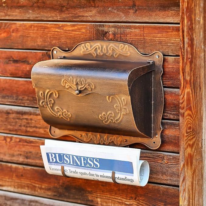 Wall Mount Mailbox with Newspaper Holder, Vintage Metal Wall Mailboxes for Outside, Decorative Front Porch Mail Box Mounted, Horizontal Mailbox with Antique Floral Design for Outdoor and House Garden
